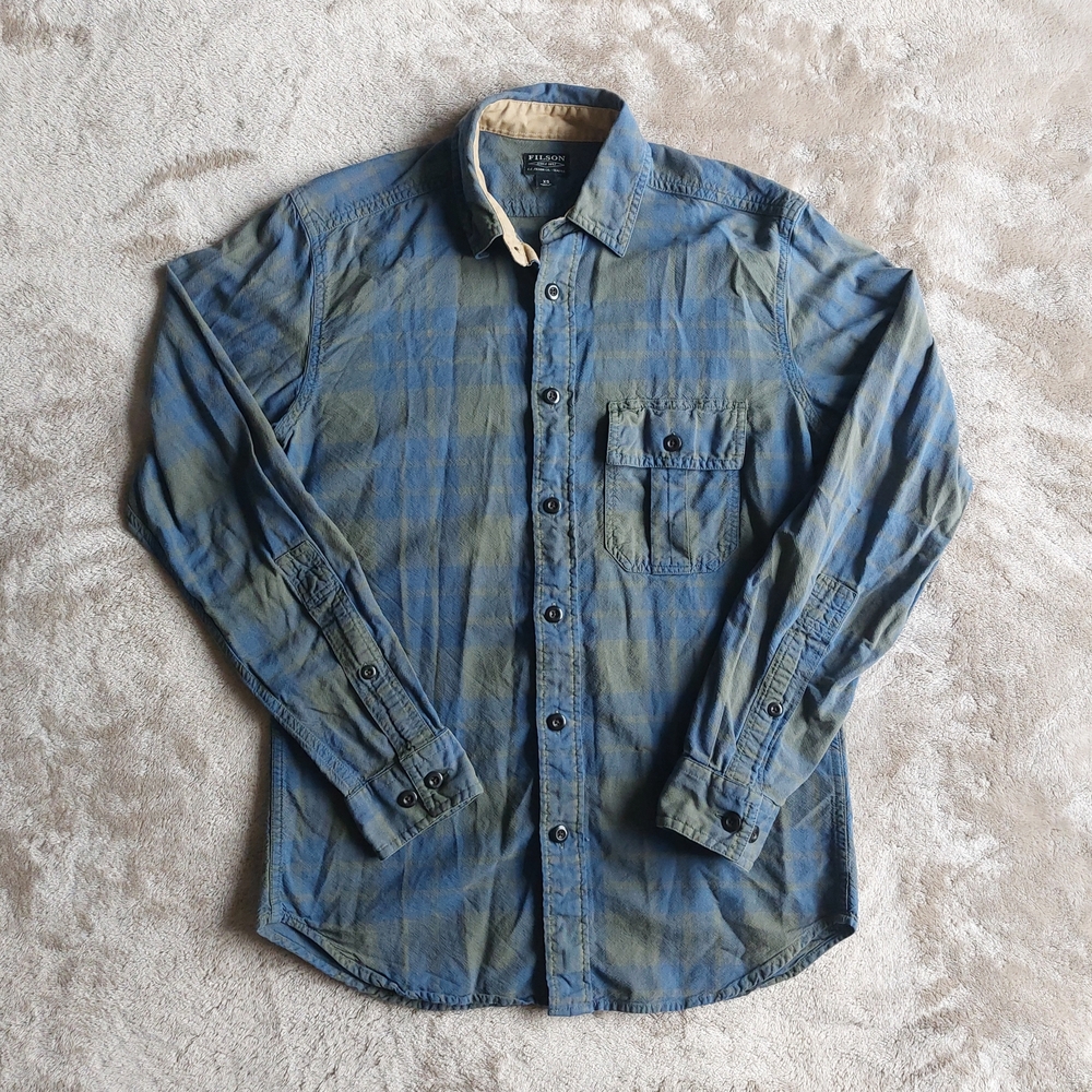 C.C. Filson Men's Green Blue Plaid Cotton Outdoor Flannel Long Sleeve Shirt | XS